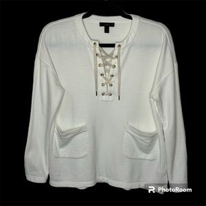 J. Crew Sweatshirt Women’s Size S White Lace Up Pull Over Pockets Relaxed Fit